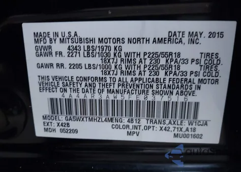 2015 Mitsubishi Outlander Sport Es из США, поврежденный, VIN 4A4AR3AW5FE037516